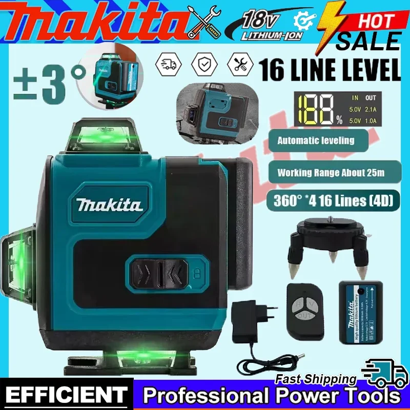 

Лазерный нивелир Makita 360° (горизонтальный/вертикальный) с 16 зелеными линиями, высокоточный, настенный, портативный инструмент