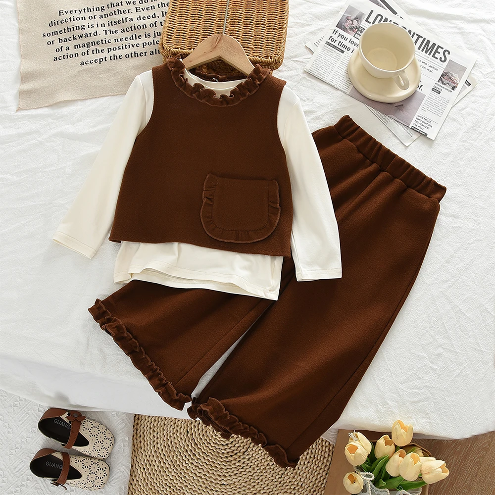 3-7-year-old Girls Take A Three Piece Long Sleeved Base Shirt+ Pocket Vest and Lace Wide Leg Pants Korean Version Autumn