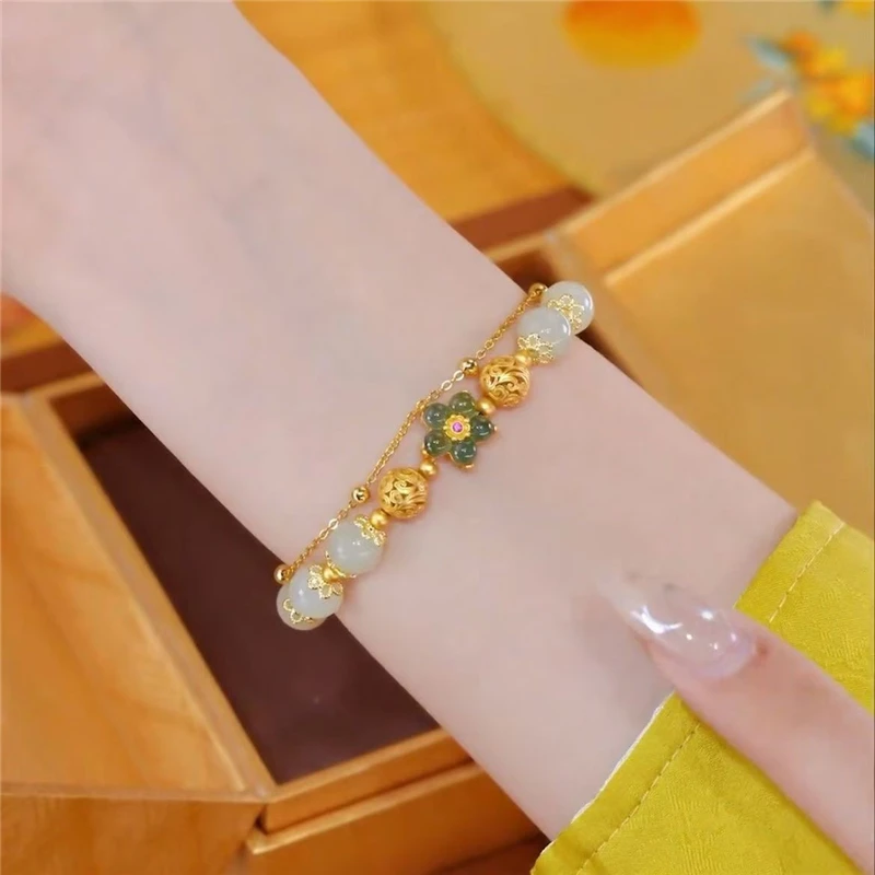 Vintage handicrafts, women's natural Hotan Jade flower bracelet, exquisite female jewelry, auspicious jewelry, gifts