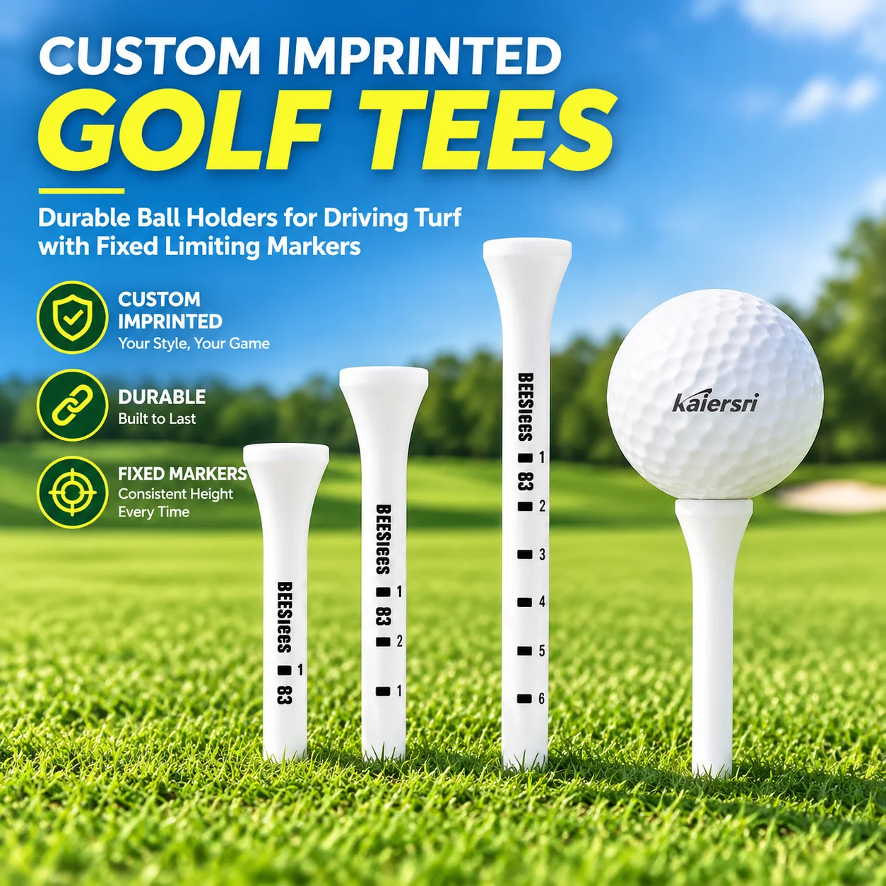 Custom Imprinted Solid Wood Golf Tees Durable Ball Holders for Driving Turf with Fixed Limiting Markers
