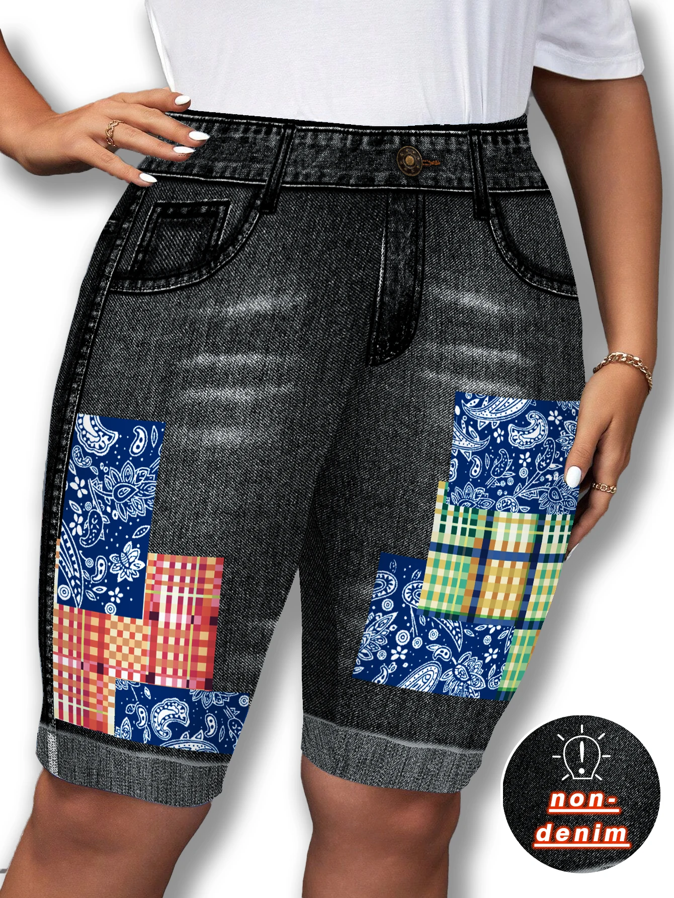 Shorts de Talla Grande con Aspecto de Mezclilla Negra y Gris, Shorts Bermuda con Apliques de Paisley, Pantalones Casuales sin Mezclilla hasta la Rodilla