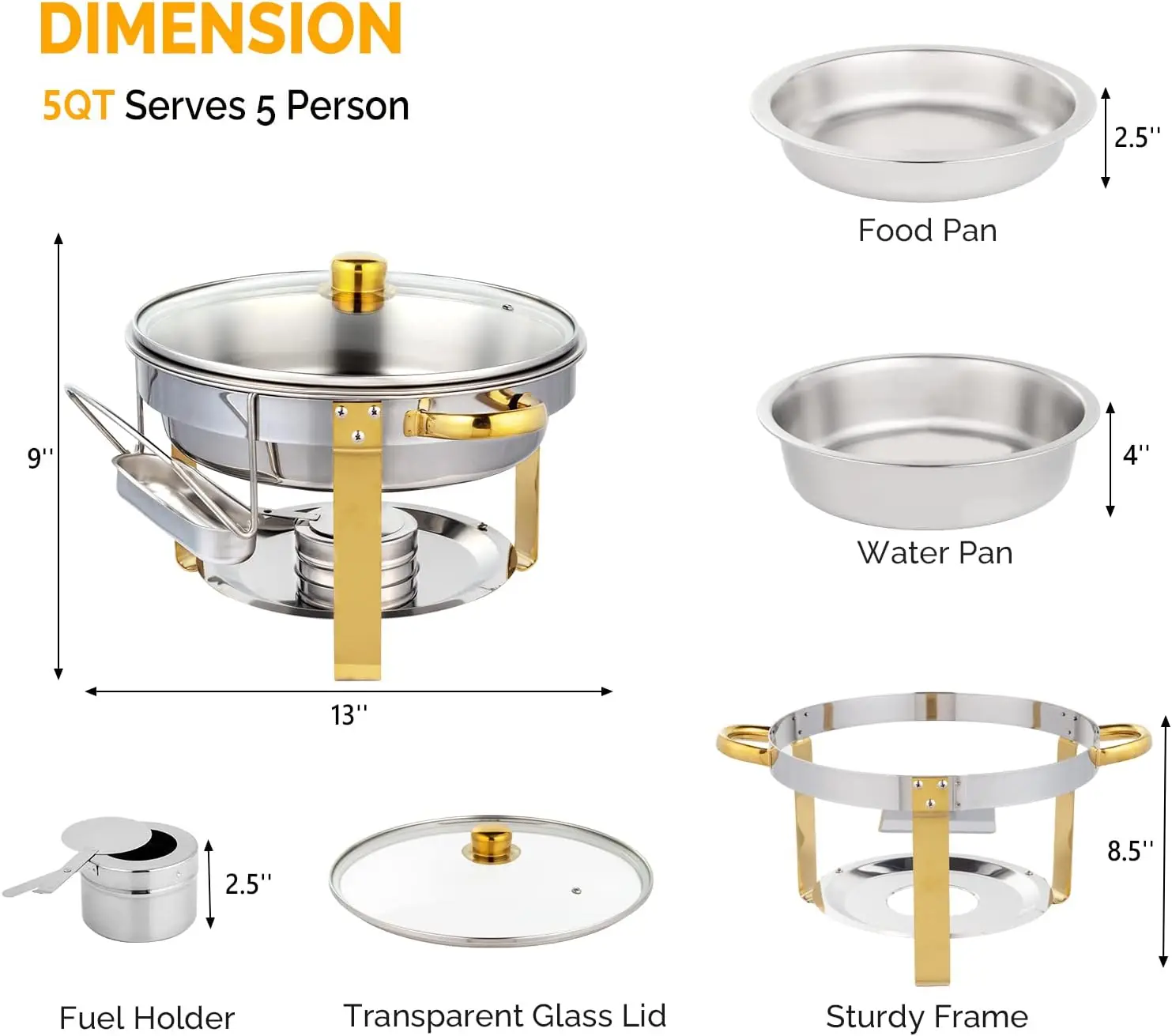 ROVSUN 5QT 8 Packs Chafing Dish Buffet Set Gold Accent, Round NSF Stainless Steel Buffet Warmer Chafers and Buffet Warmers