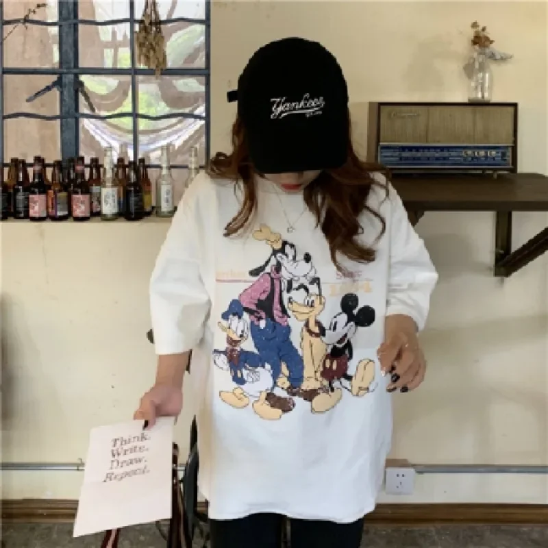 Disney Mickey Mouse T-shirt Women\'s Summer New Short-sleeved Slimming Cartoon Kawaii Tops Cute Cotton Googfy Clothing Printed