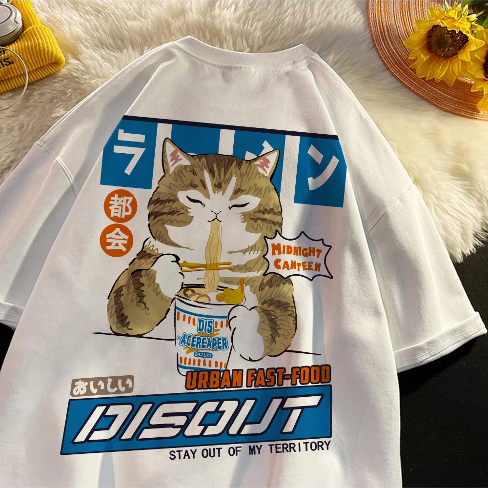 Harajuku Cat Cartoon Eating Noodles Graphic Men Women Tshirts Casual Short Sleeve Tees Japan Style Oversized S-XXXL T Shirt Tops