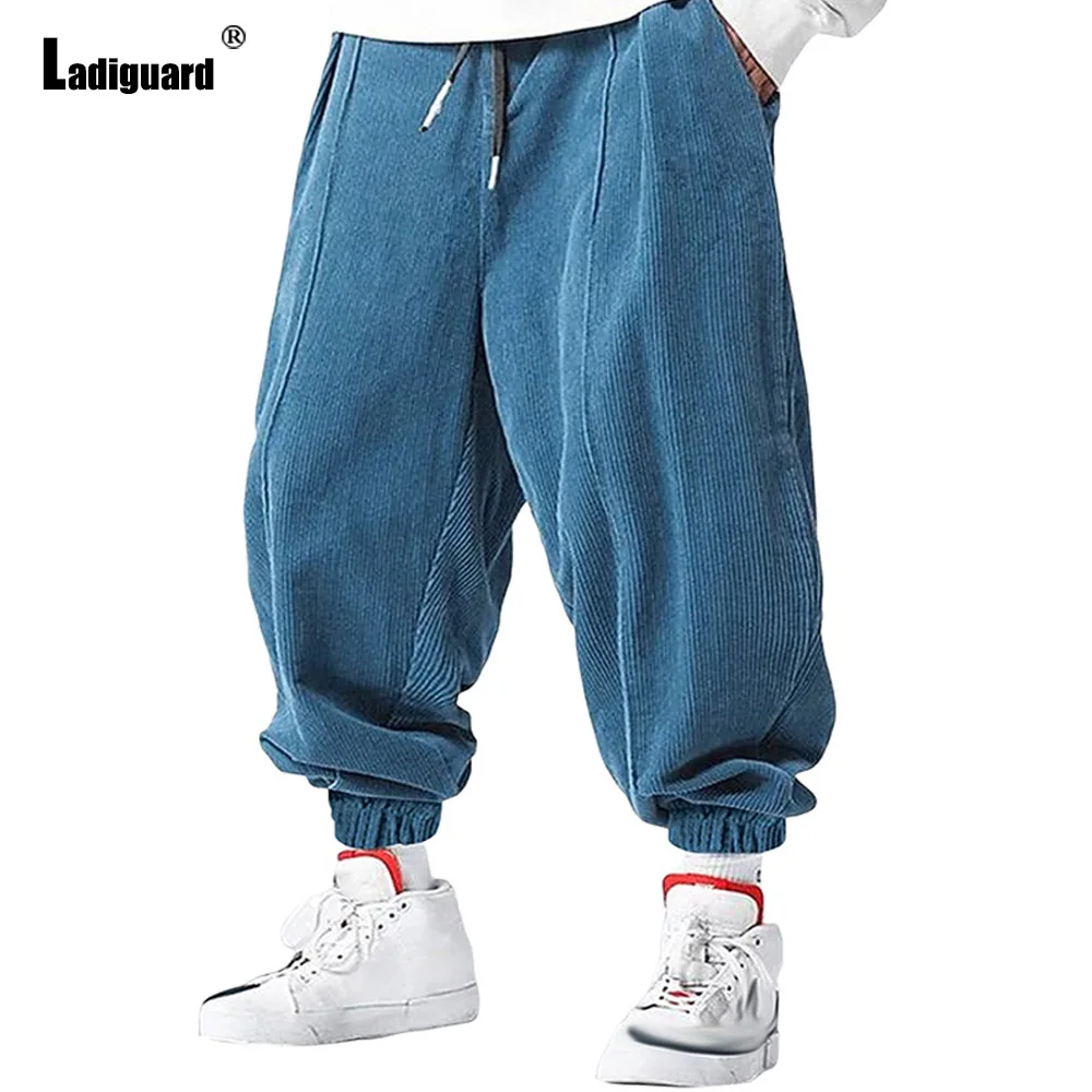 Plus Size Mens Corduroy Bloomers 2025 European Fashion Wide Leg Trousers Solid Blue Camel Casual Harem Pants Male Sweatpants New