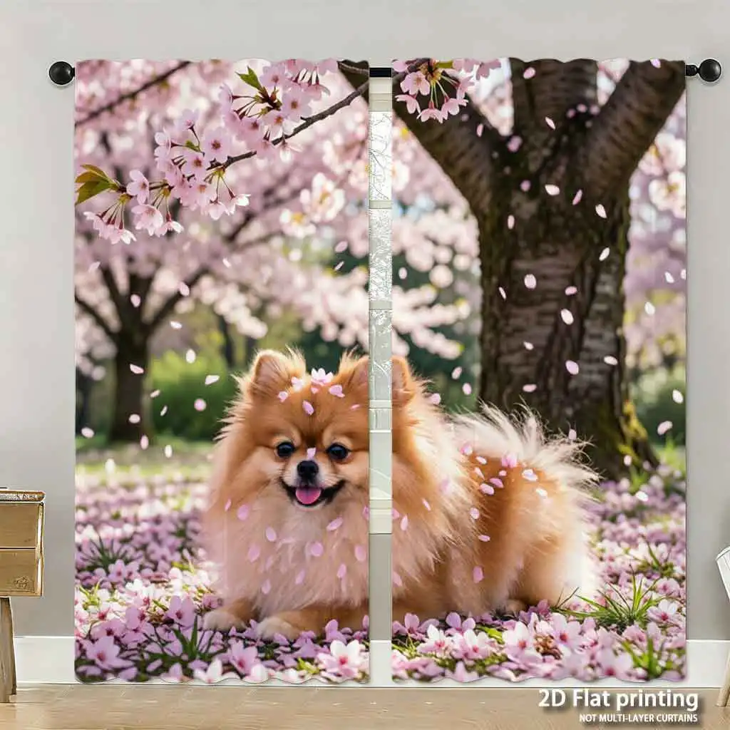 Cute Pomeranian Curtain, Cherry Blossom Dog Window Drape, Spring Pet Lover Home Decor, Floral Puppy Print Living Room Textile