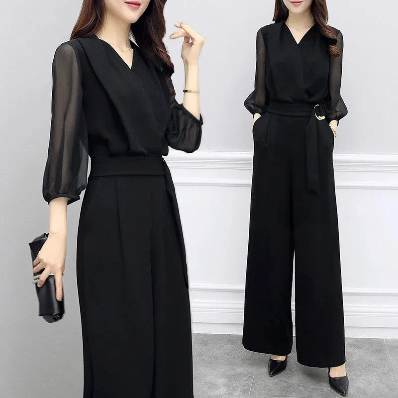 Elegant Chiffon Wide Leg Jumpsuits Women Summer Thin V-Neck Black Bodysuit Three Quarter Sleeves Belt Romper Long Pants Suit