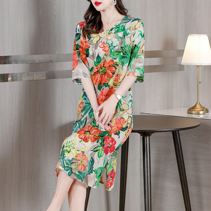 Loose Plus Size Floral Silk Cutout Sexy Midi Dress Ladies Elegant Casual Party Vestidos Summer Korean Style Skinny Ladies D