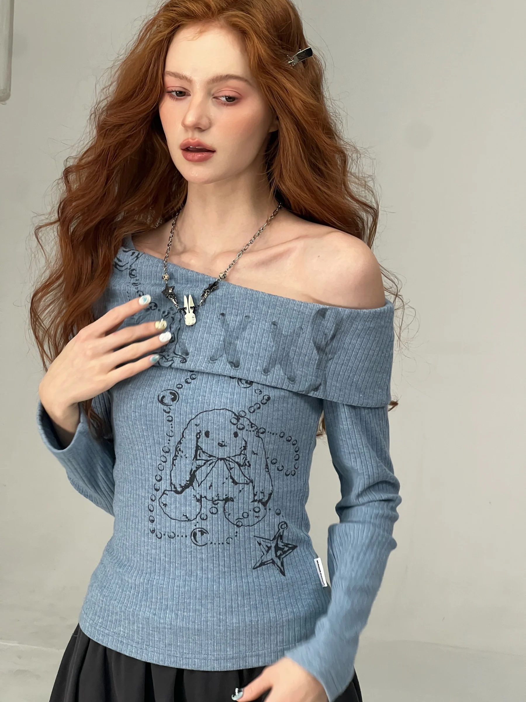 

ZiziFei, американский дизайн, длинная све, трикотажная футболка с принтом кролика, женская облегающая футболка, осень-зима, Новое поступление