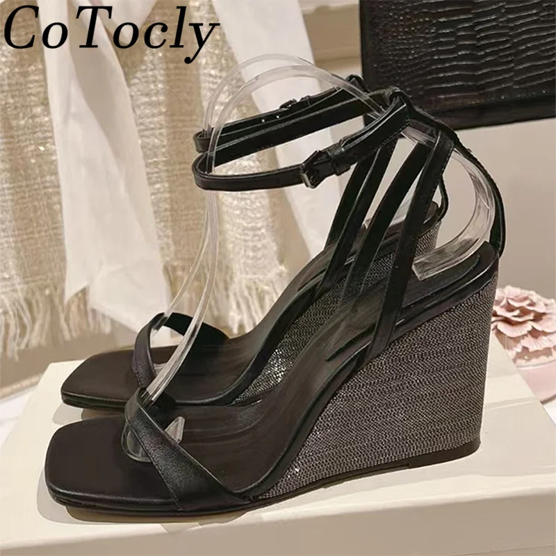 

2025 New Wedge Heels Sandals Woman Genuine Leather One Strap Summer Shoes Woman String Bead High Heels Sandals Women Sandalias