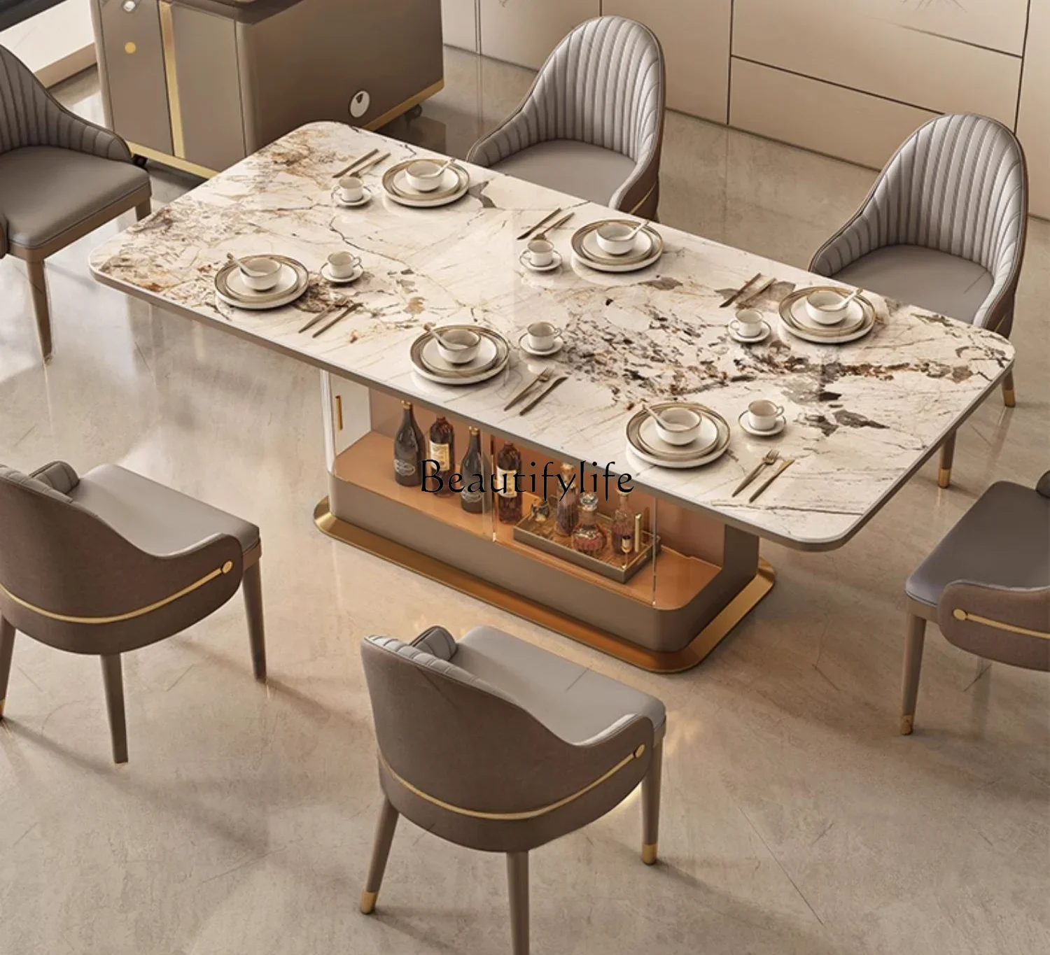 

LJYBright Stone Plate Kitchen Island Light Luxury Dining Table Modern Simple Rectangular Home High-End