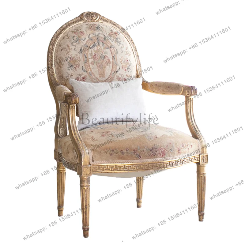 European Court Antique Solid Wood Carved Single Sofa French Vintage Gold Distressed Lounge Chair