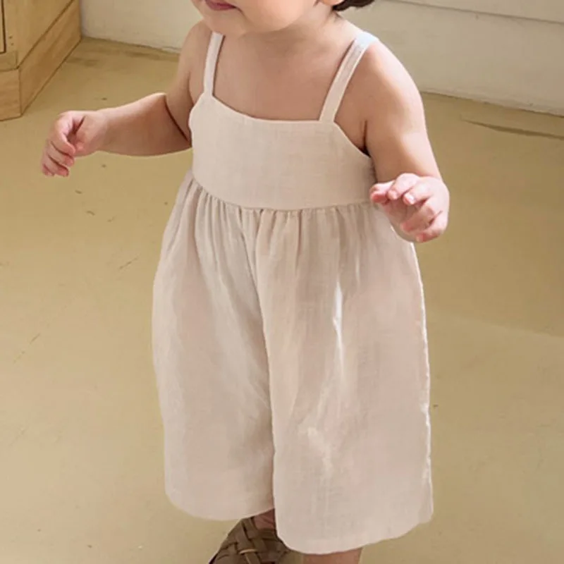 2025 Summer New Baby Girl Loose Overalls Solid Kids Girls Sling Trousers Infant Wide Leg Pants Cotton Toddler Strap Pants
