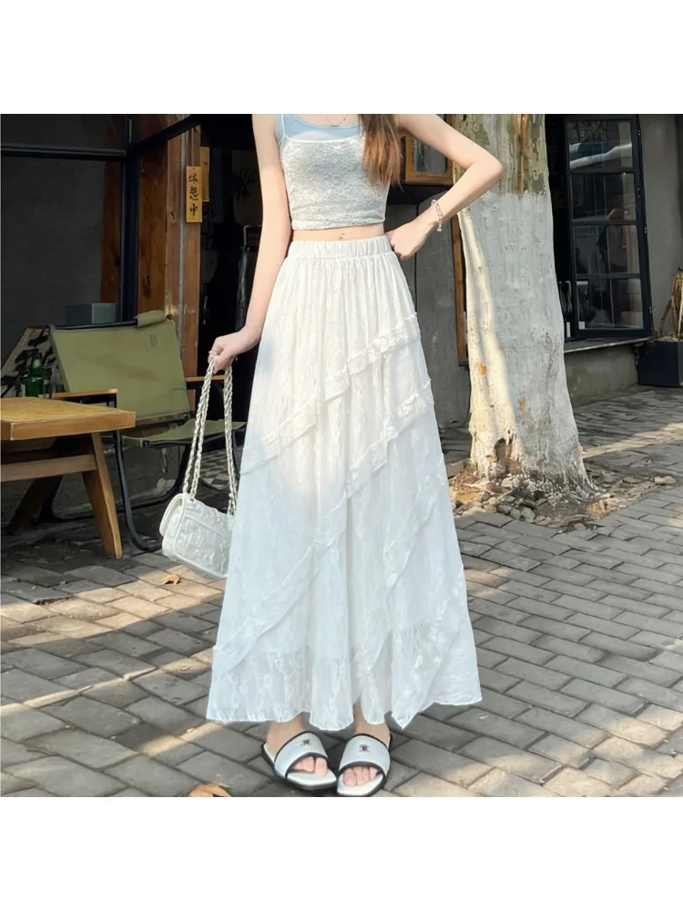 

plus Size Women's White Lace A-Line Midi Skirt Summer High Waist Slimming Drapey Casual Splicing Cake Skirt Commute Style