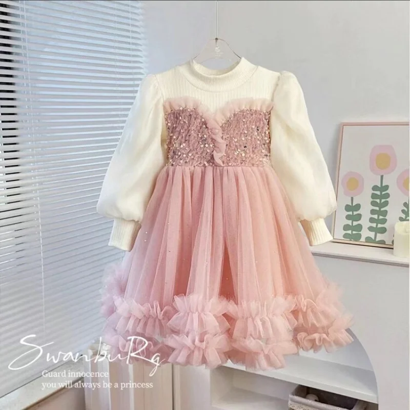 Dress Girls\' Spring and Autumn2024Dress New Children\'s Birthday Sequined Fashionable Fleece-Lined Gauze Dress Princess Convex Sk