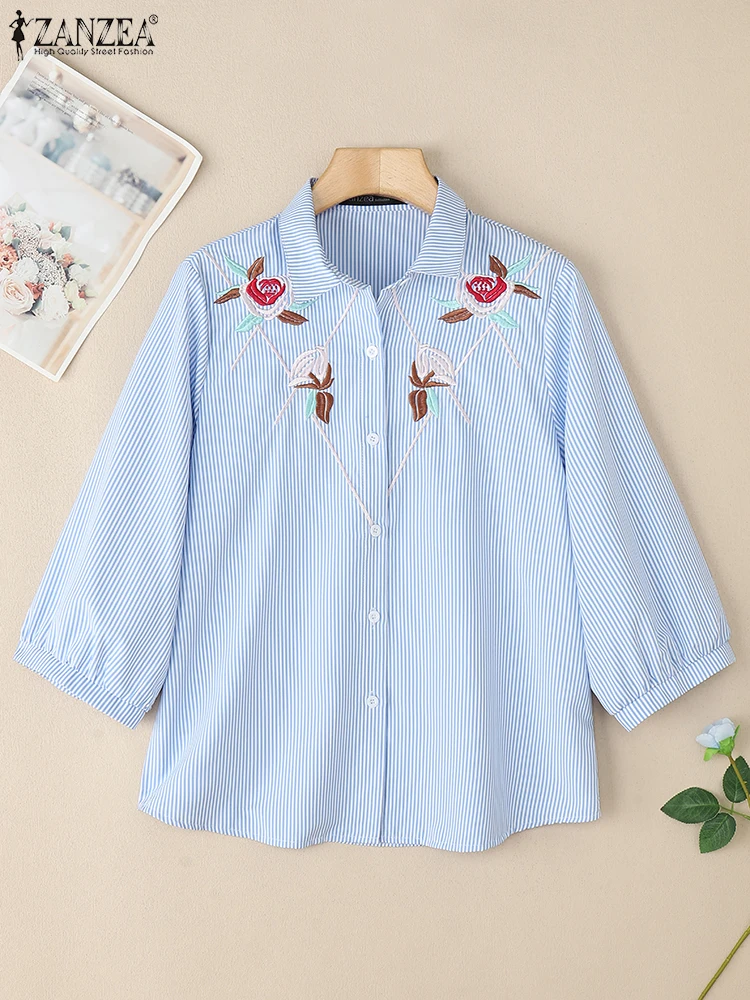 

ZANZEA 2025 Spring Office Striped Shirts Embroidered Women 3/4 Sleeve Commute Work Tops Turn-Down Collar Casual Chemises Femme