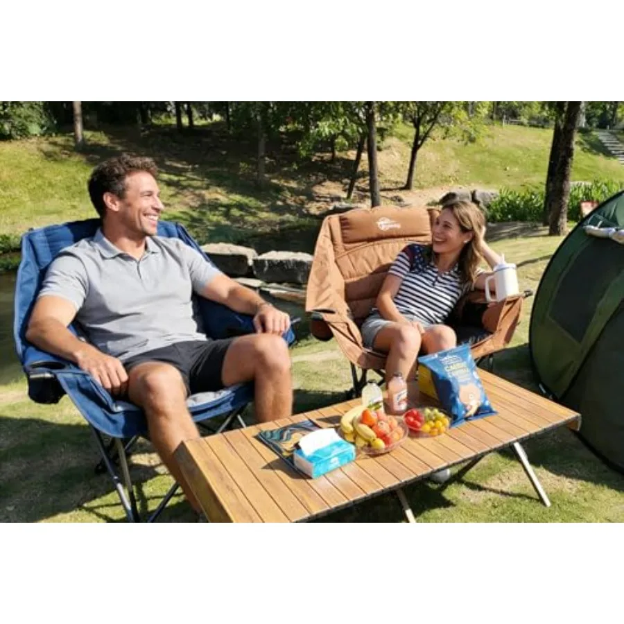 Oversized Camping Chair for Outdoor Use, Heavy-Duty Steel Frame, Blue, Supports 500lbs with Side Pocket and Cup Holder