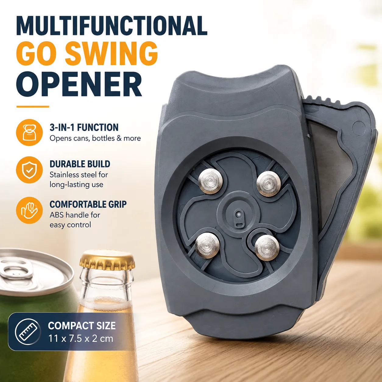 Multifunctional Go Swing Can Opener Stainless Steel Beer Bottle Opener Portable ABS Handle 11x7.5x2cm