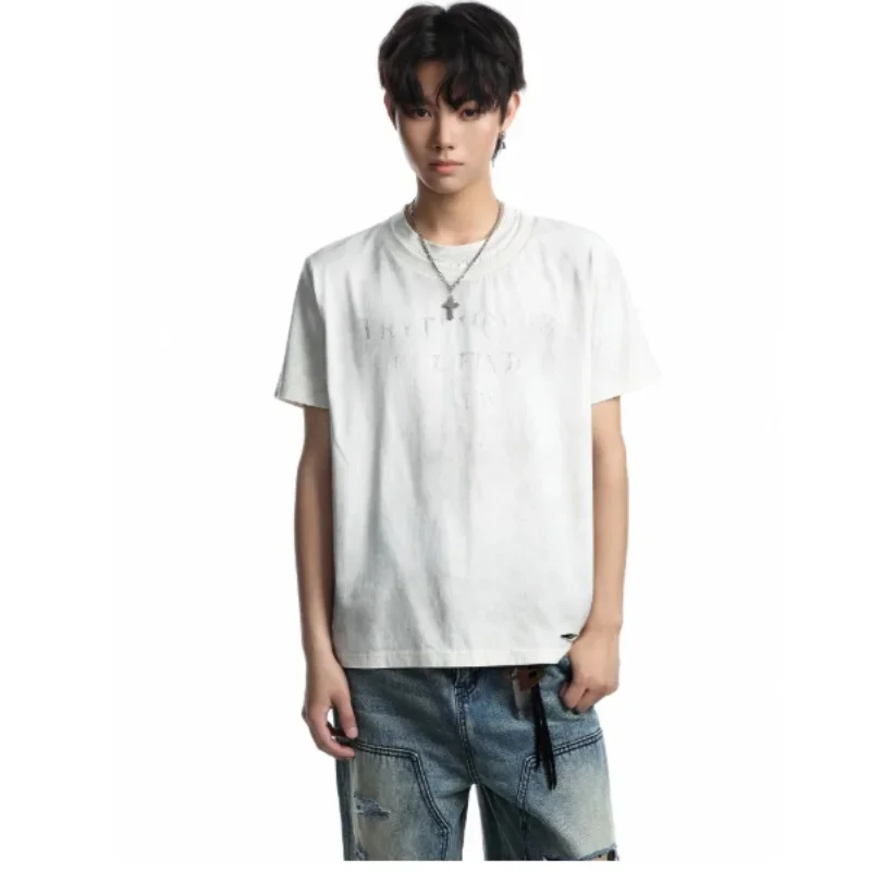 American Retro Double Collar Dirty Dye Washed Cut Short Sleeve T-Shirt for Men and Women Loose Round Neck Top Trendy