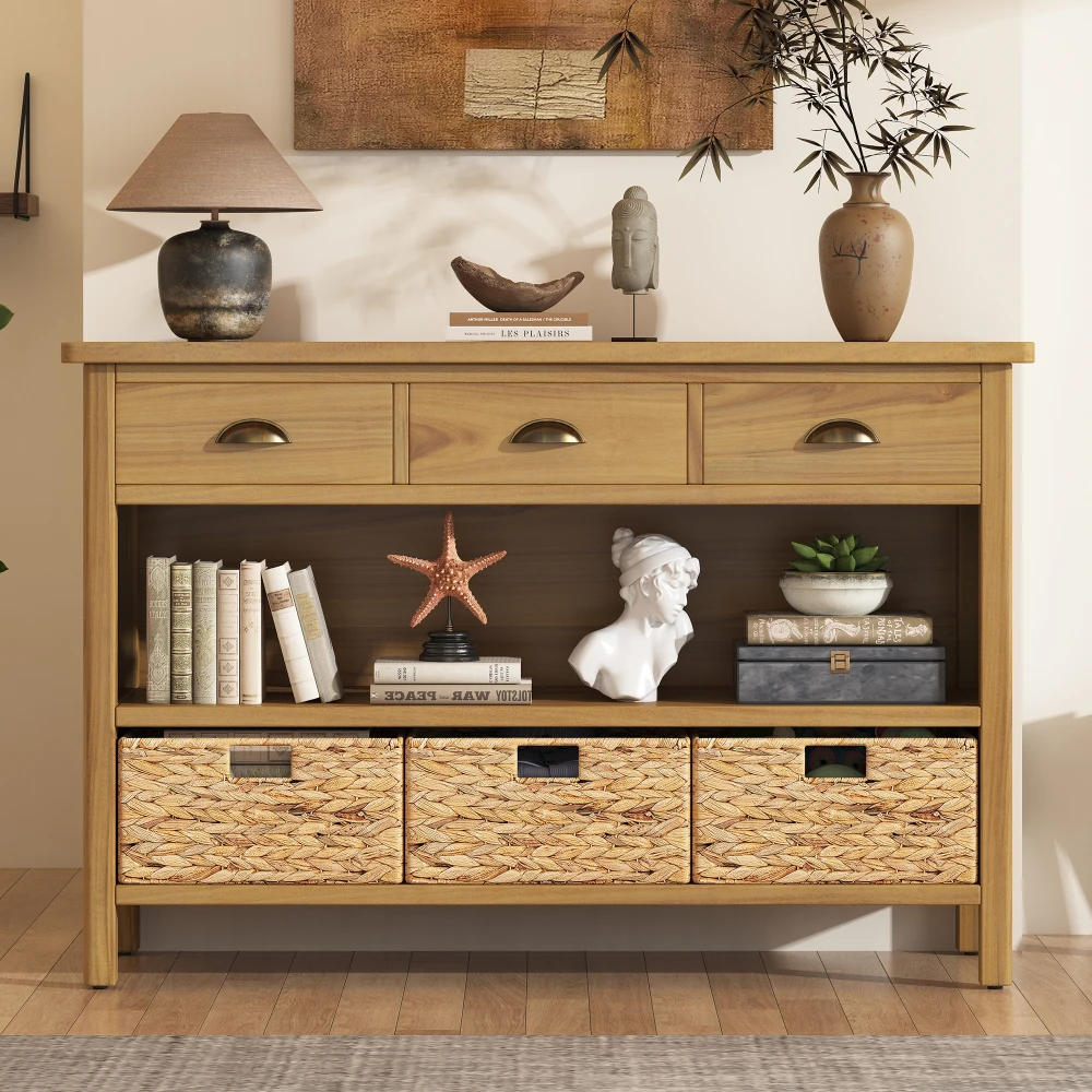 Vintage Console Table with Drawers, Water Hyacinth Woven Basket, Suitable for Entryway and Living Room Furniture