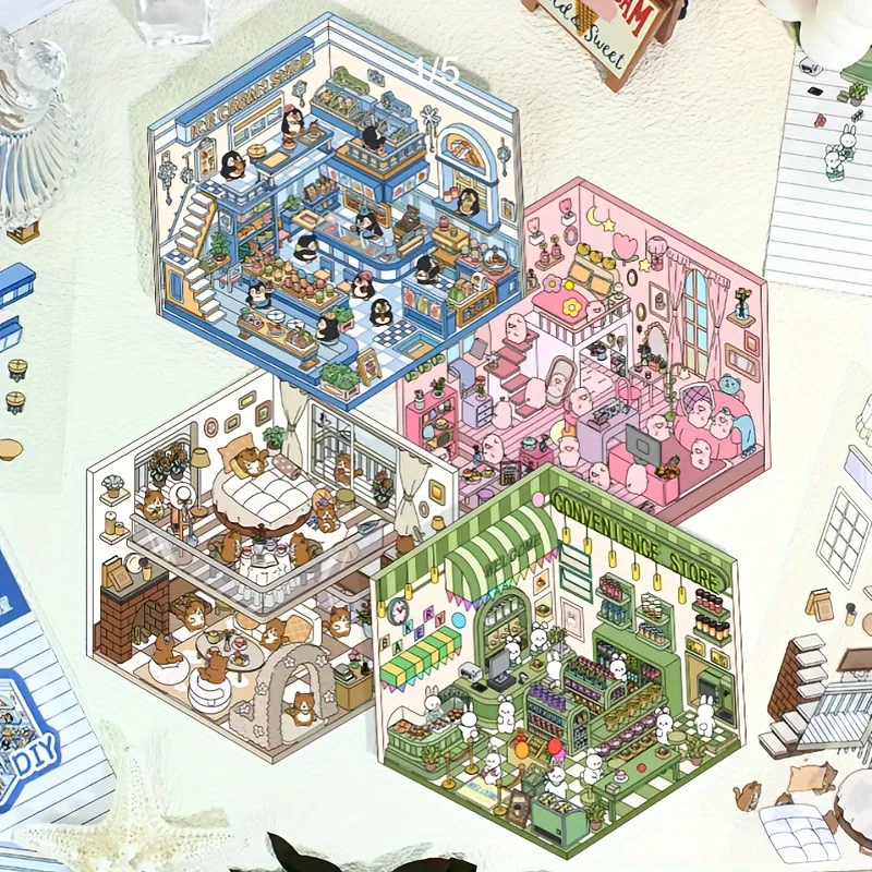 4pcs 3D Visual Stacking Puzzle Stickers-3D Cute Cartoon Sticker Set for Adult Relief Stress Pass The Time