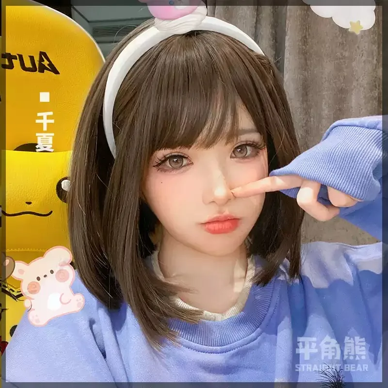 Sweet Cute Natural Short Bob Full Wig with Bangs Heat‑Resistant Synthetic Wig Fluffy Soft Texture for Daily Looks Party Cosplay