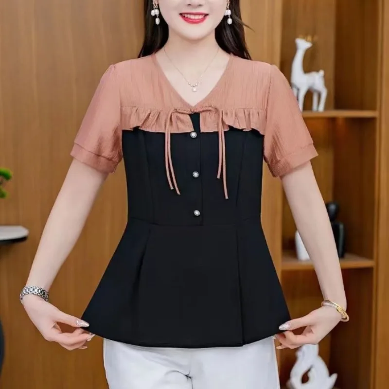 Women\'s Summer 2024 New Blouses Fashion Spliced Ruffles Fake Two V-neck Button Color-blocked Commute Short Sleeve Chiffon Shirts