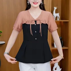 Women's Summer 2024 New Blouses Fashion Spliced Ruffles Fake Two V-neck Button Color-blocked Commute Short Sleeve Chiffon Shirts