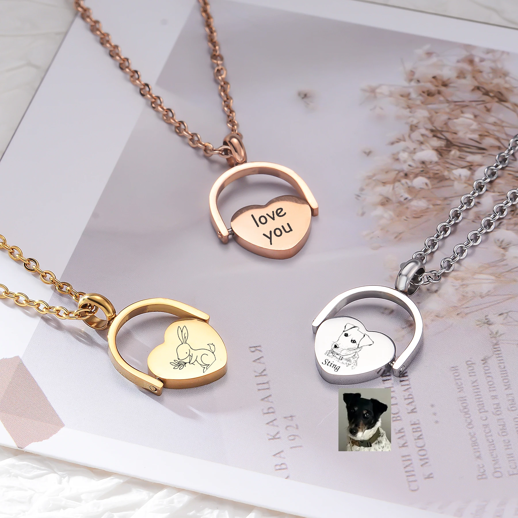 Rotatable Heart Pendant Mirror Polished Stainless Steel Necklace Personalized Engrave Name Date Picture Memorial Jewelry Gift