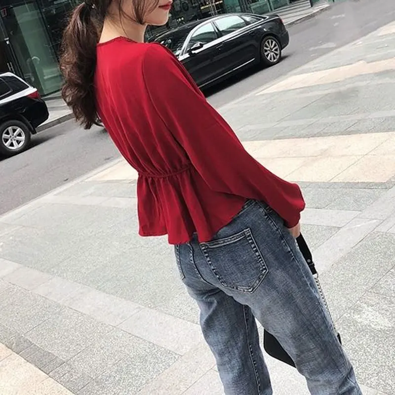 Spring Autumn Stylish Hollow Out Blouse Solid Color Casual Long Sleeve Waist Commute Drawstring Bow Elegant V-Neck Spliced Shirt