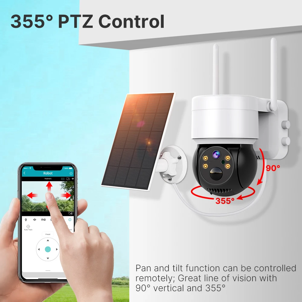 Caméra de surveillance PTZ solaire HD 4MP, dispositif de sécurité sans fil, avec panneau solaire 5000mAh et recharge articulation 24.com