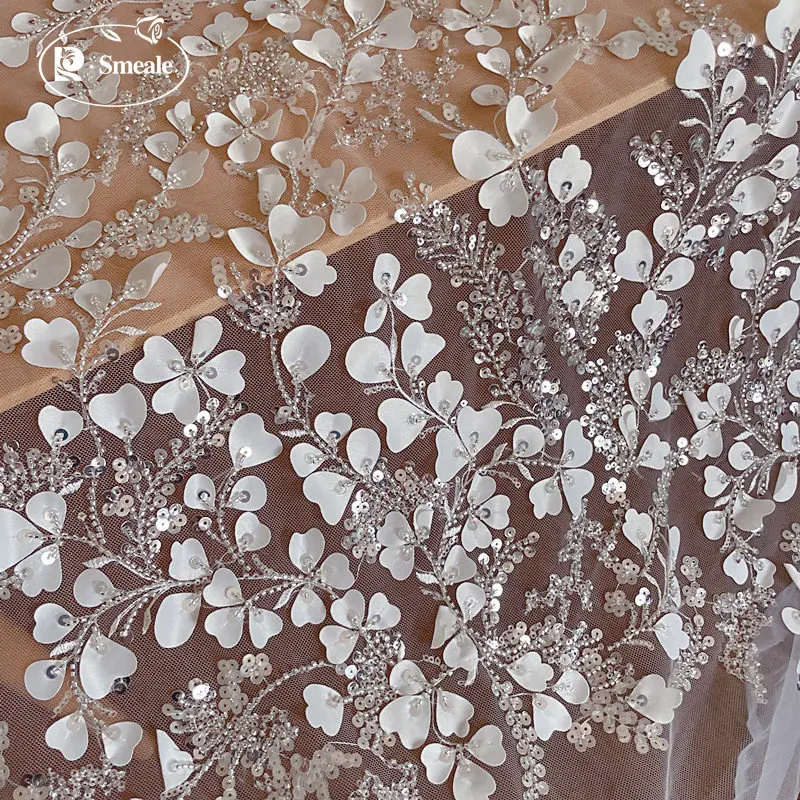 Bridal 3D Lace Fabric, Beaded Sequin Wedding Dress, Advanced Custom-made Sewing Fabric, RS4160