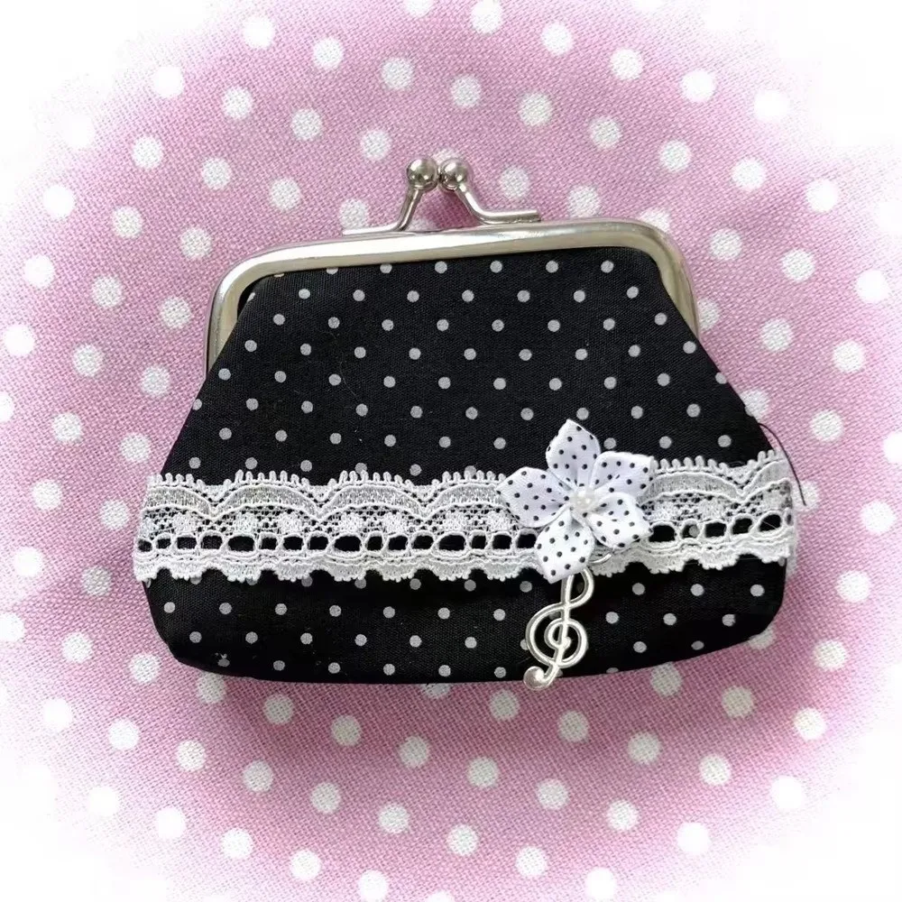 Fashion Handmade Lace Polka Dot Coin Purse Music Note Rose Pattern Kiss Lock Wallet Portable Vintage Earphone Bag Office