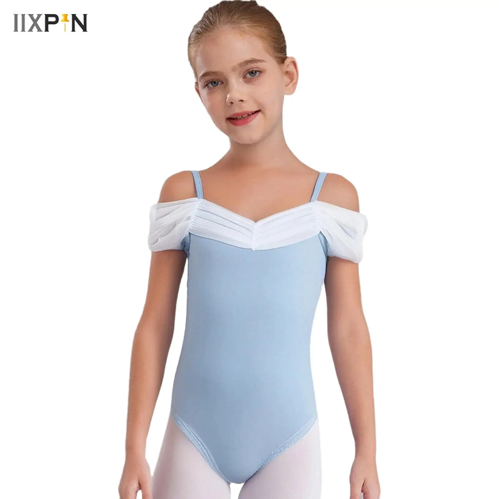 

Kids Girls Ballet Performance Costume Gymnastics Dance Leotard Butterfly Back Ruched Mesh Collar Spaghetti Straps Dance Bodysuit