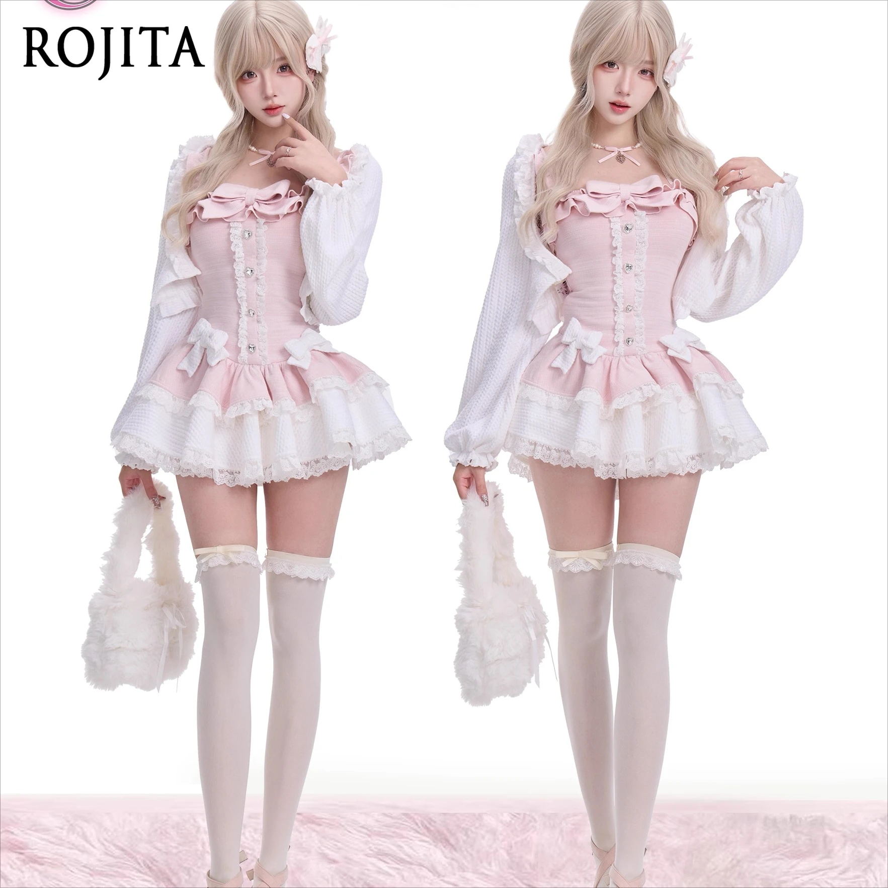 

Розовое облегающее платье на бретелях для девочек, осенний новый белый короткий вязаный кардиган, шорты с пузырьками