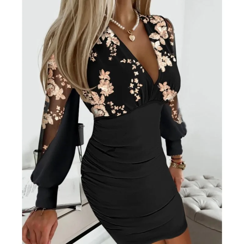 

Sexy Deep V-neck Slim Dress Women Fashion Long Sleeve Print Dress For Women 2024 Autumn Winter Lace Patchwork Elegant Mini Dress