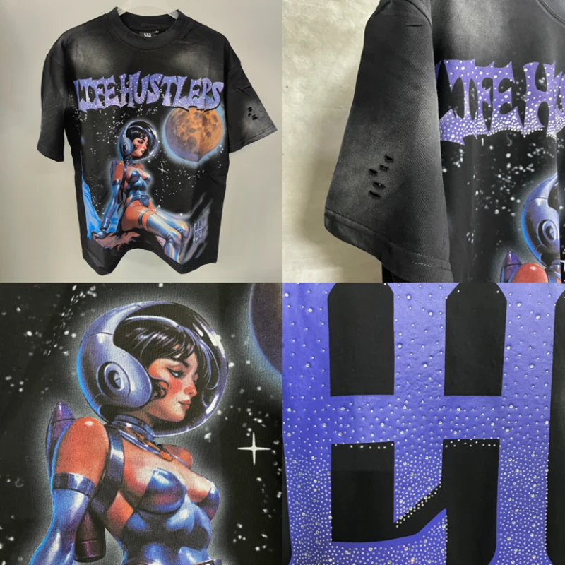 

2026 New LIFE HUSTLERS Short Sleeve American Space Printed Vintage T-shirt Summer Loose Casual LIFE HUSTLERS Men's Clothing