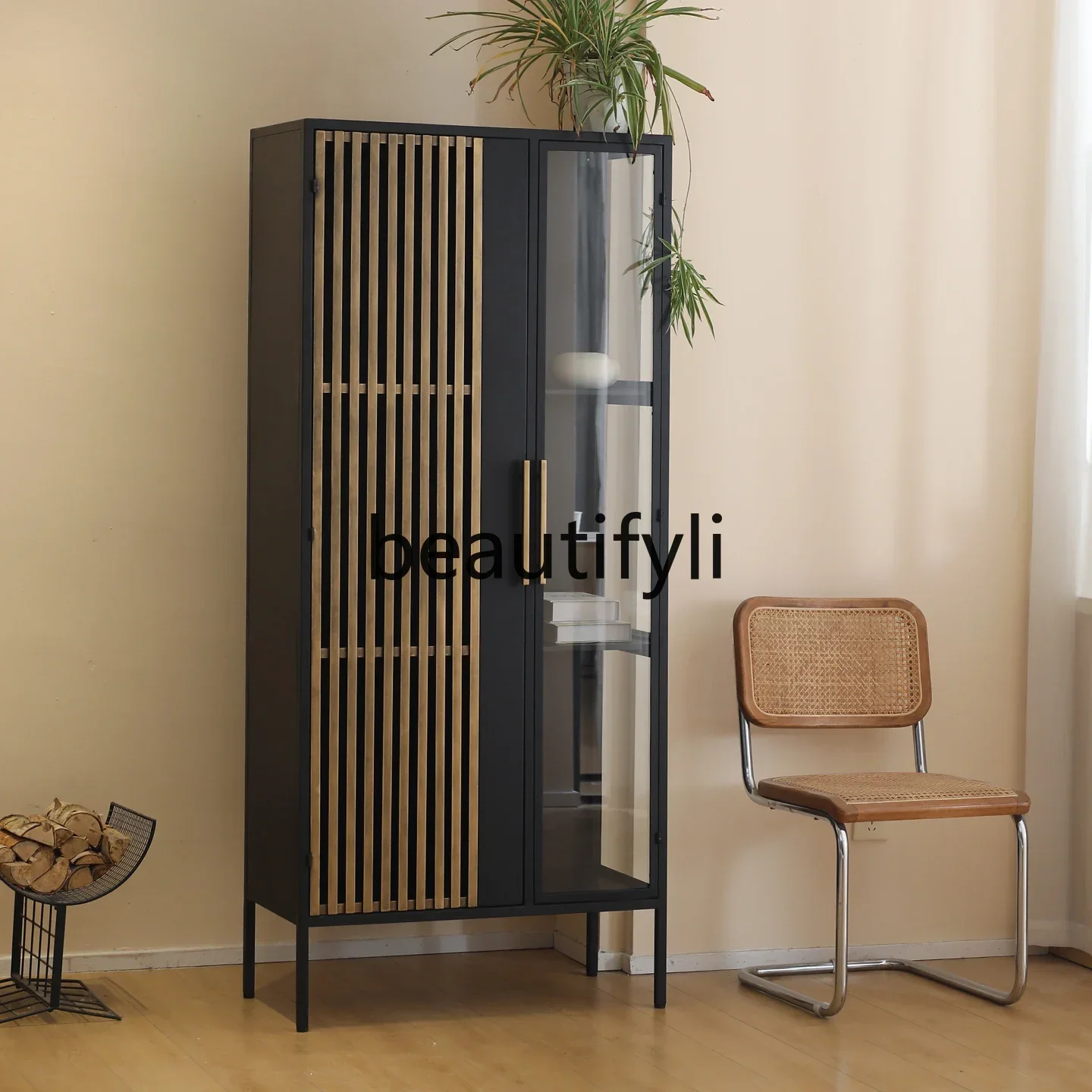 yj57 Installation-free retro metal wine cabinet living room, integrated wall display cabinet household glass storage cabinet