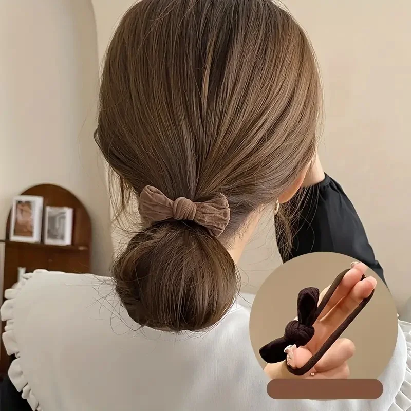 10-teiliges süßes Haargummis-Set mit Schleife für Frauen, hochelastischer Stoff, Pferdeschwanzhalter mit einfarbiger Schleife, Haar-Accessoires – Detail 2
