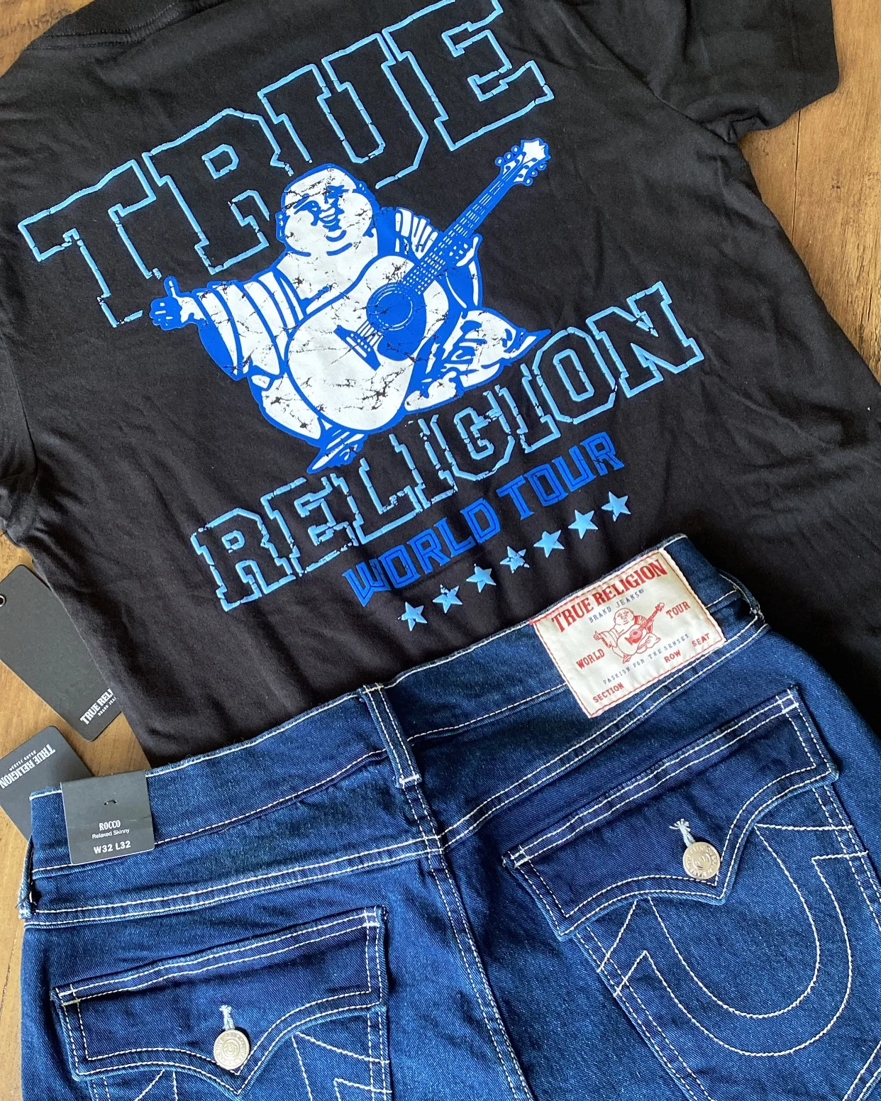 

Harajuku Buddha Two Piece Set Suit Embroidered Graphic Jeans Blue Skateboard Pants Y2K Jean tracksuit t shirt for men Streetwear