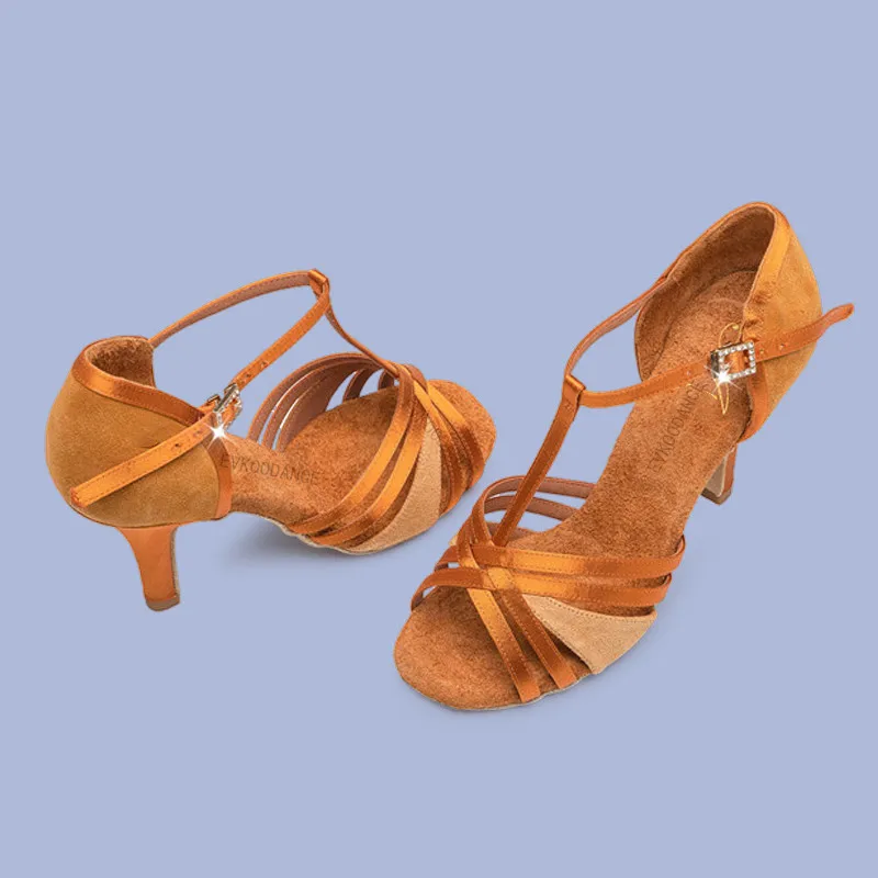 Chaussures de danse latine en daim pour femmes, talon personnalisé, satin marron, salsa et tango de salle de Rh, en promotion, nouveauté