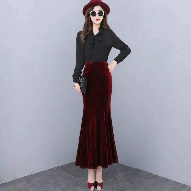 Golden Velvet Fish Tail Skirts For Women Spring New Fashion Women's High Waist Slimming High End Half Skirt Faldas Para Mujeres