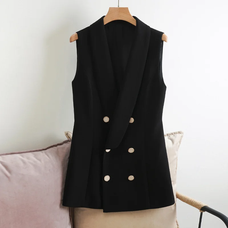 #5110 Spring Autumn Black Blazer Vest Doubel Breasted Waistcoat Outewear Sleeveless Jacket Slim Fit Office Vest Coat Women