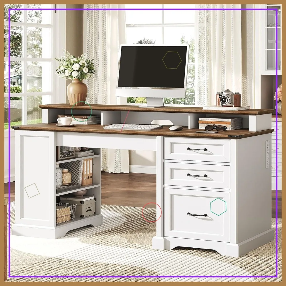 

Письменный стол Farmhouse Executive 55 дюймов с ящиками, подставкой для монитора, зарядной станцией, цвет белый орех