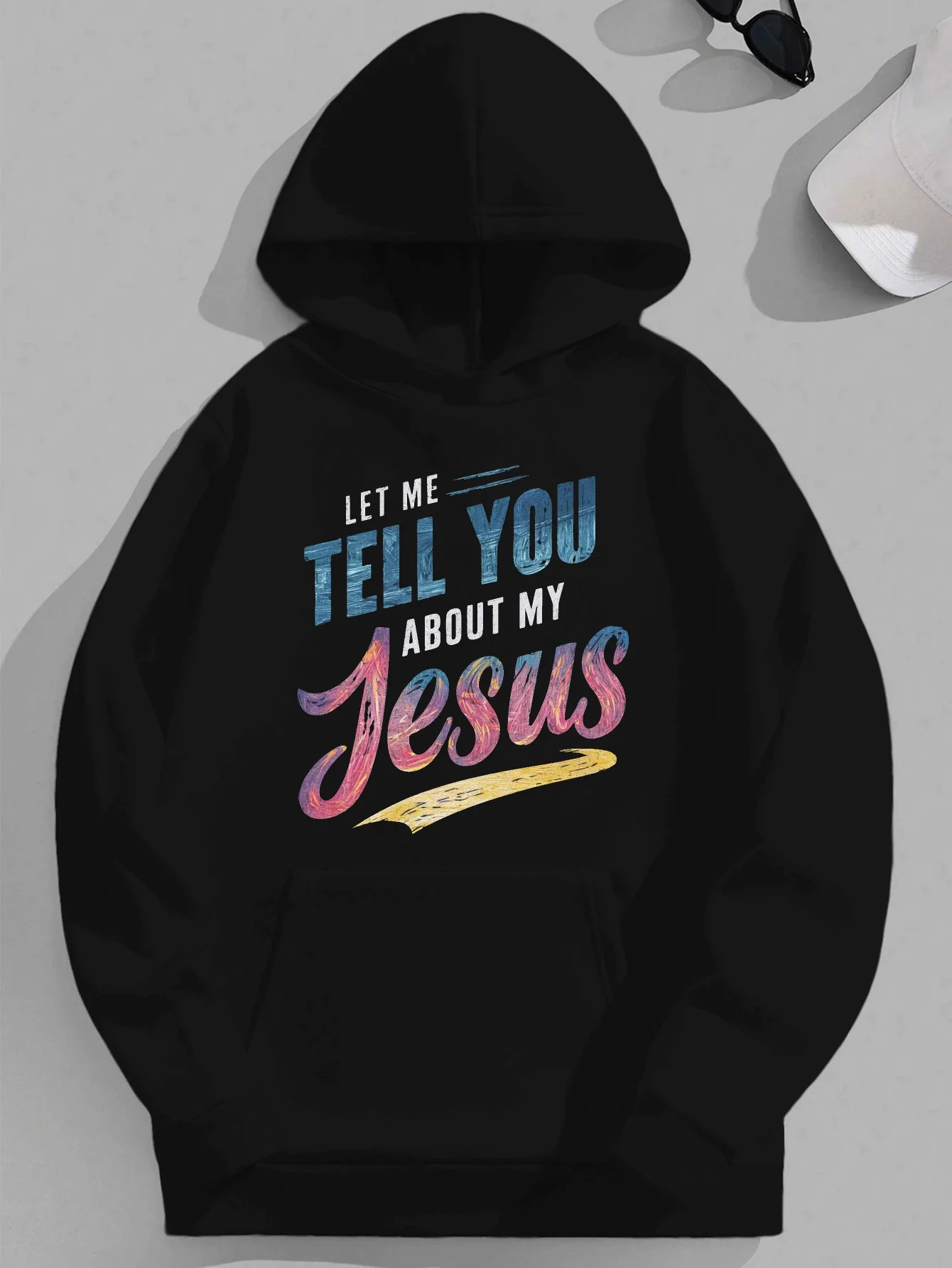 

1pc Plus Size Men'S Casual Hooded Sweatshirt with "Let Jesus Tell You About My Jesus" Print, Polyester Knit Fabric, Loose Fit
