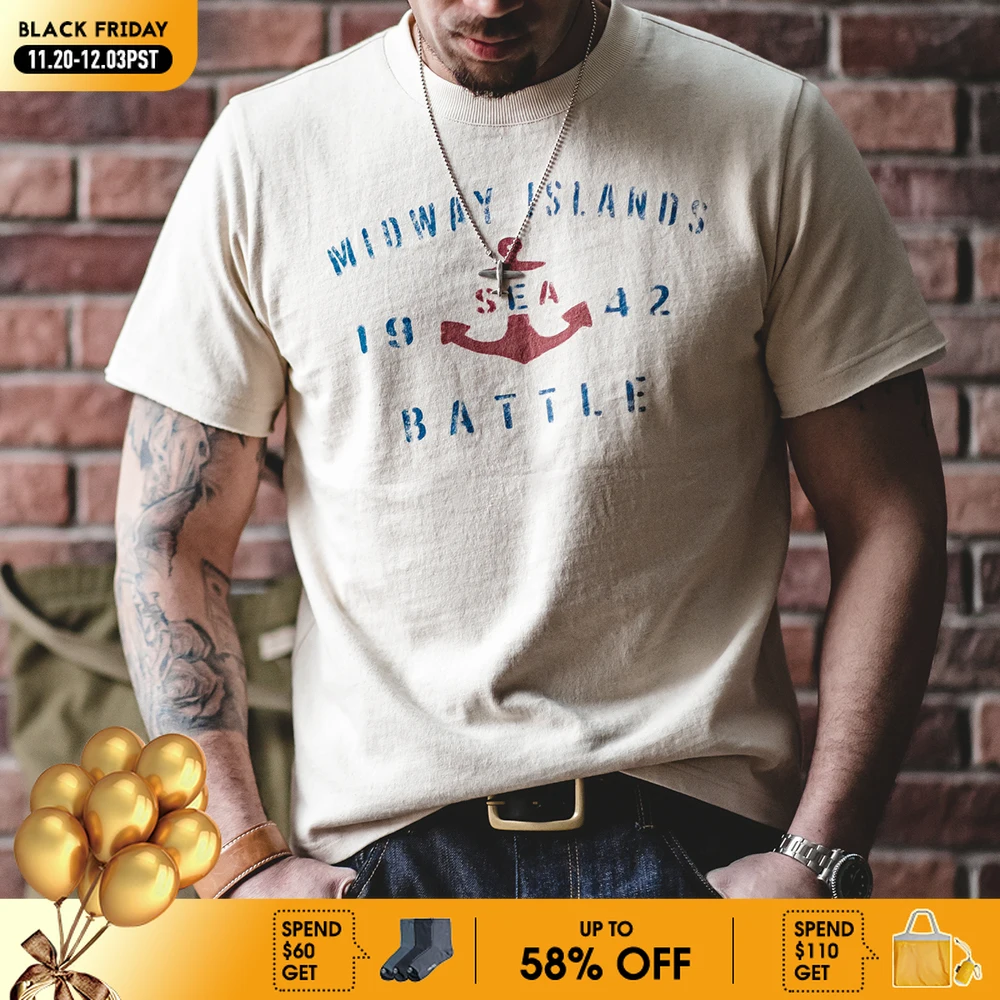 

Maden Summer Cotton T-shirts for Men Vintage Anchor Print T Shirt Casual O-neck Tees Soft and Comfortable Tops Letter T-shirt