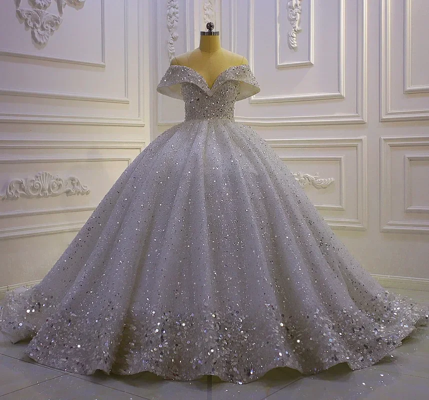 

2026 Ruxury Arabic Dubai Sequin Wedding Dress Off The Shoulder Beads Backless Bridal Bride Gowns Robe Mariee Vestidos De Noiva
