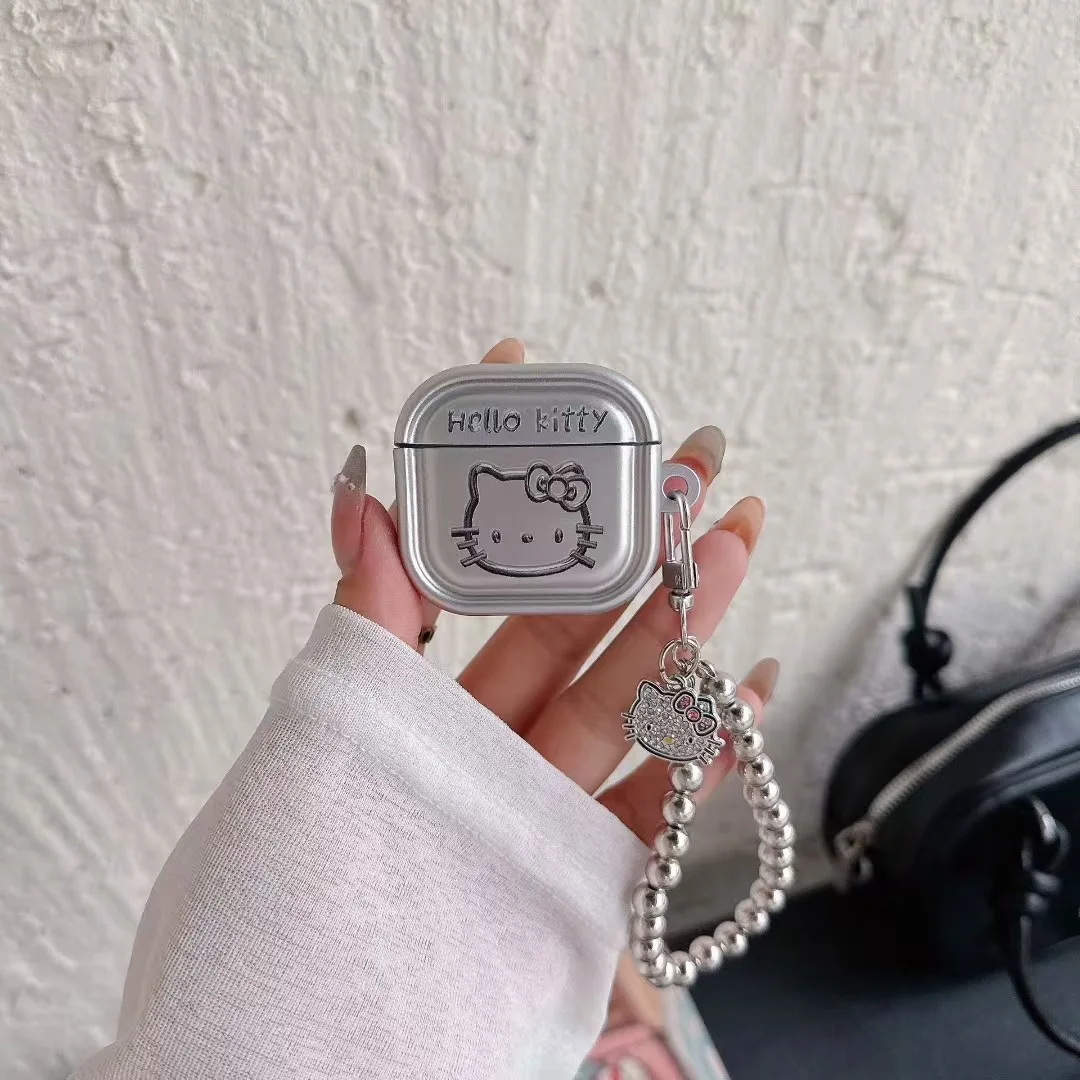 لطيف تصفيح الفضة طباعة مرحبا كيتي ل Airpods 4 Pro 2 1 2 3 4 سماعة لاسلكية تعمل بالبلوتوث سماعة الغطاء الواقي مع المفاتيح