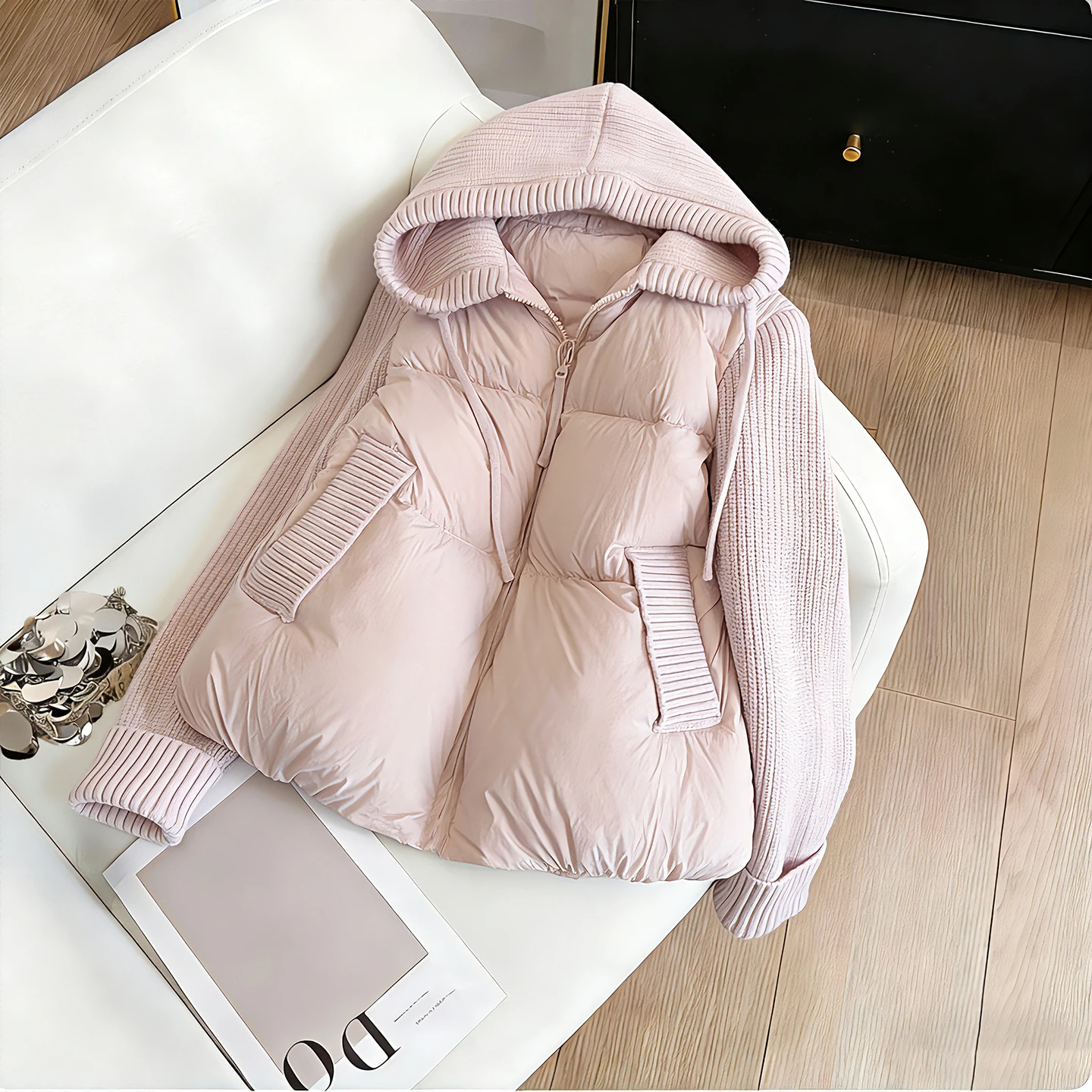 

Chic Pink Knitted Patchwork Hooded Cotton Jaet Casual Versatile Autumn Winter Menswear Top Korean Sle Comfortable Loose Fit