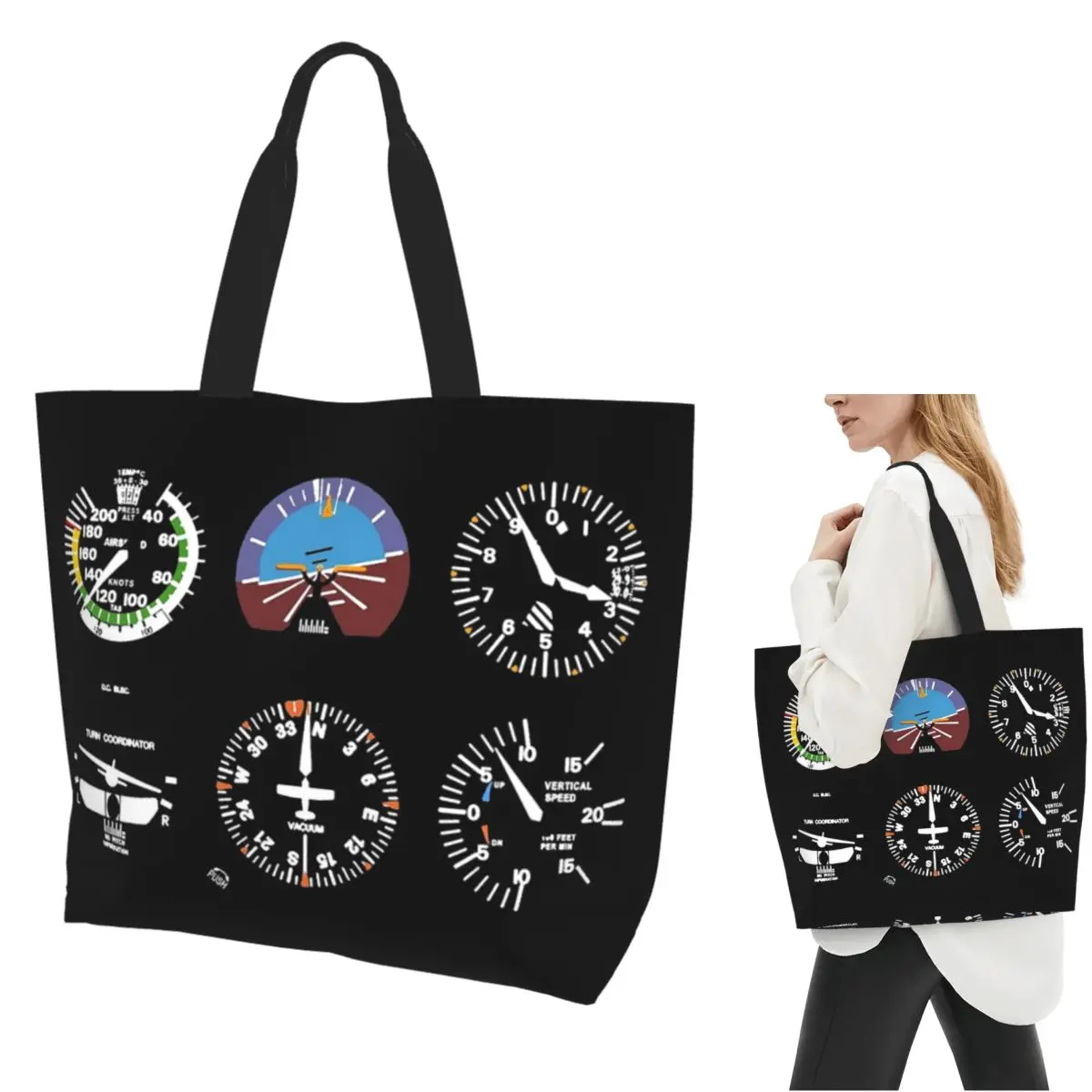 Cockpit Six Dials Flight Simulator Pilot Shopping Tote Bag Canvas Large Capacity Shoulder Bags Shopper Grocery Handbag for Women